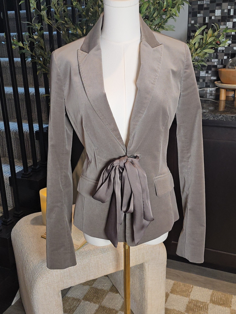 Ann Taylor Taupe Velvet Tie-Waist Blazer